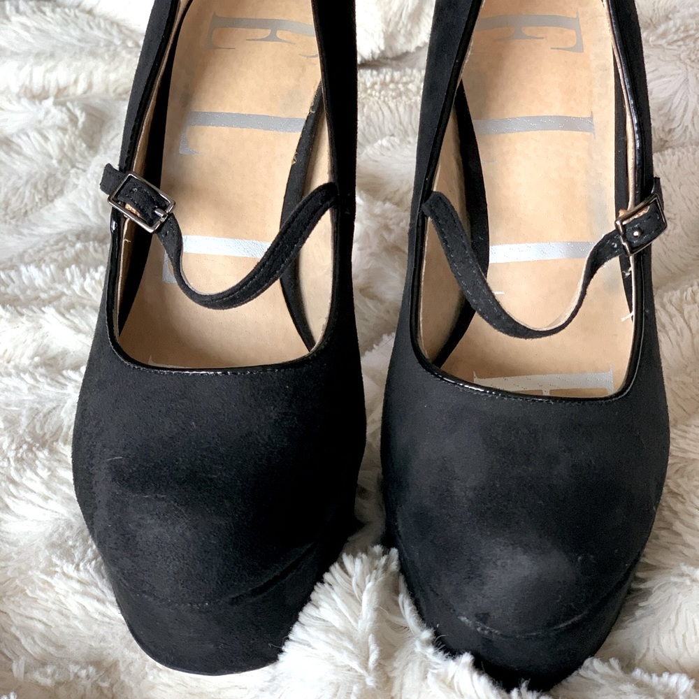 ELLE black suede platform heels.